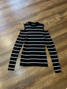 White House Black Market Black and White Cold-Shoulder Striped Top